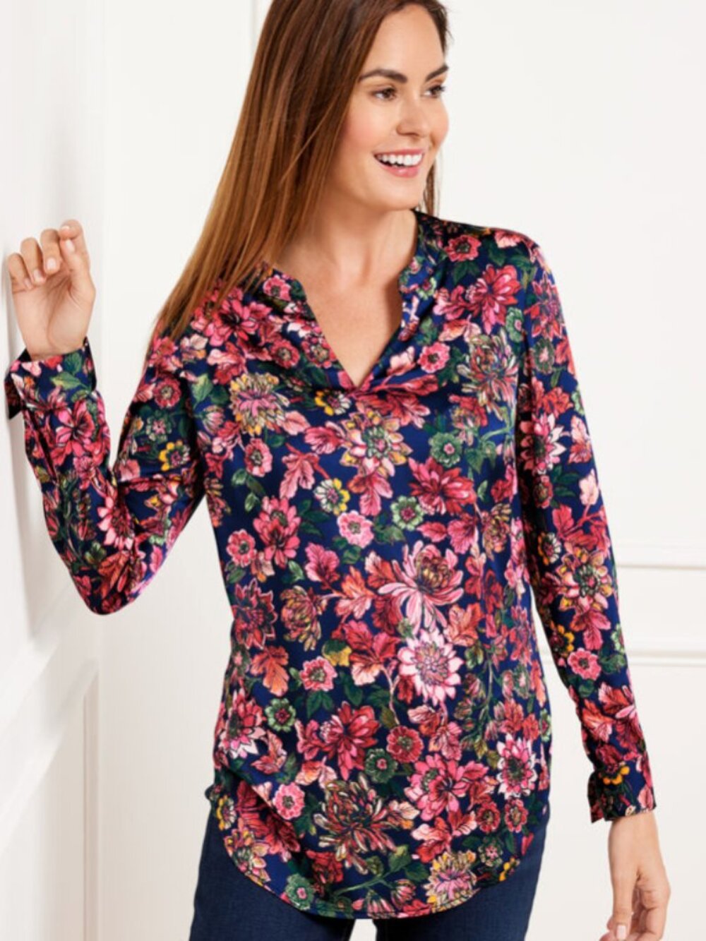 Talbots Soft Satin Charmeuse Top Fall Floral Long Sleeve Fall Transition Preppy